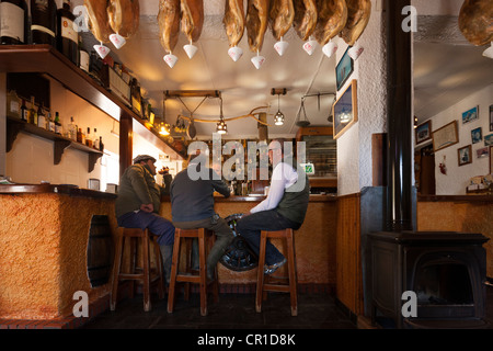 Hommes parler et manger le déjeuner au bar traditionnel restaurant Meson La Fragua à Trevélez, région de l'Alpujarra, Espagne Banque D'Images