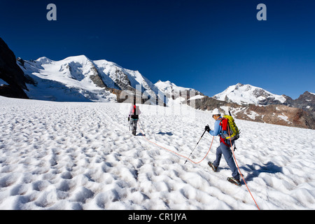 Les alpinistes lors de l'ascension au Mont Piz Palue sur Pers Glacier, Mt Piz Palue au dos, Mt Mt Bellavista et le Piz Bernina avec Banque D'Images