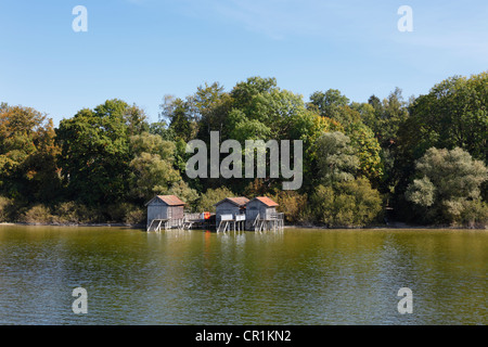 Maisons en bateau sur le lac Ammersee Buch ou le lac Ammer, cinq lacs, Haute-Bavière, Bavaria, Germany, Europe Banque D'Images