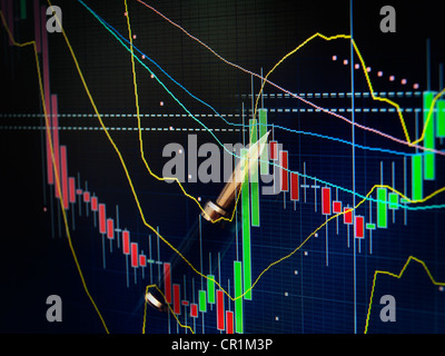 Graphique chandelier et stylo en tant que symboles de la bourse. Banque D'Images