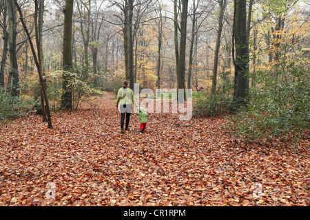 La mère et le fils de marcher dans les feuilles d'automne Banque D'Images