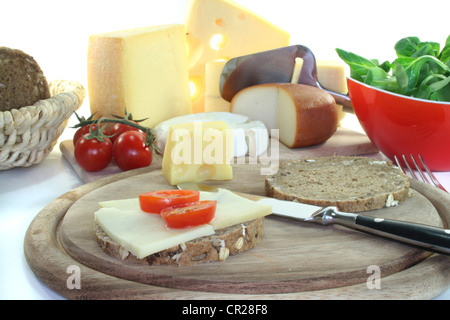 Une tranche de pain avec du fromage et des tranches de tomate dans un assortiment de fromages Banque D'Images