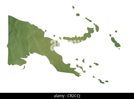 Ancienne carte verte de Papa New Guinea dans du papier vert texturé, isolé sur fond blanc. Banque D'Images