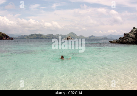 La natation dans les eaux limpides du Parc National de Komodo en Indonésie Banque D'Images