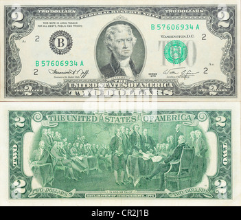 Billet d'anniversaire historique, deux dollars US 1976 (let out à 200 ans - déclaration de l'indépendance 1776 Signature) Banque D'Images