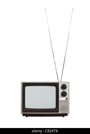 Écran noir de la télévision portable vintage avec de longues antennes. Isolé sur blanc. Banque D'Images