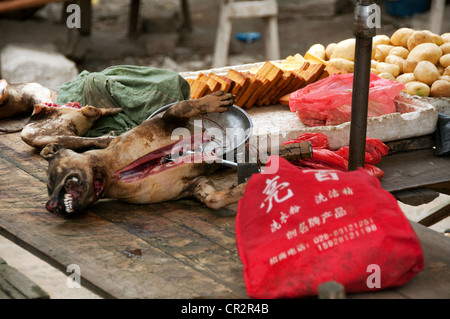 La viande de chien et le tofu en vente sur un étal de marché, zhaoxing village dong, le sud de la Chine Banque D'Images