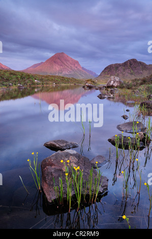 Marsco reflétée dans un petit lochan à Glen Sligachan au crépuscule, à l'île de Skye, Écosse, Hébrides intérieures Banque D'Images