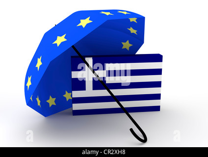 Drapeau de la Grèce sous un parapluie de sauvetage de l'euro symbolique, image, 3D illustration Banque D'Images