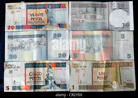 Billets, de Peso convertible, pesos convertibles, notes 20, 10, 5, 1 CUC, monnaie touristique, Cuba, Antilles, Caraïbes Banque D'Images