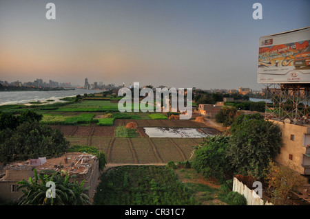 Un panorama du Caire central à l'ouest et le nord à travers le Nil au coucher du soleil. Banque D'Images