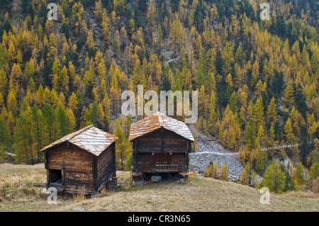 Deux cabanes en bois, Zermatter Tal vallée, Zermatt, Valais, Suisse, Europe Banque D'Images