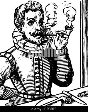 Sir Walter Raleigh, circa 1554, - 29.10.1618, navigateur anglais, fumer la pipe, gravure sur cuivre, contemporain de l'artiste n'a pas d'auteur pour être effacé Banque D'Images