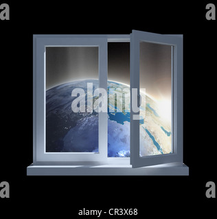 Le lever du soleil sur la terre vue d'une fenêtre partiellement ouverte Banque D'Images