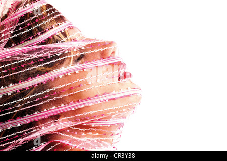 Jeune femme avec un foulard de soie transparente qui ondulent sur son visage sur le vent Banque D'Images