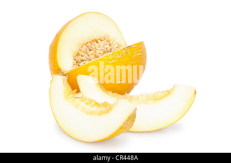 Grandes coupures melon jaune isolé sur fond blanc (clipping path) Banque D'Images