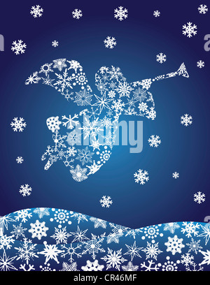 Ange de Noël avec Silhouette trompette avec flocons Illustration Banque D'Images