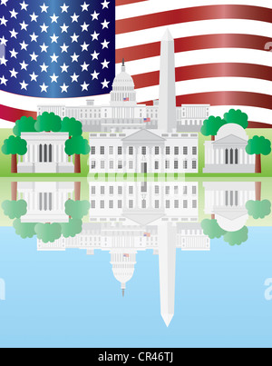 Washington DC Capitole Monument Jefferson et Lincoln Memorial la réflexion et l'US Flag Illustration Banque D'Images