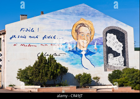France, Aude, Narbonne, Quai de l'Escoute, fresque à la mémoire de Charles Trenet Banque D'Images