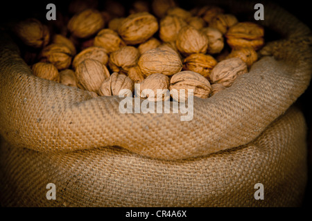 Les noix dans un sac de jute, Noyer Road, Périgord Noir, Dordogne, France, Europe Banque D'Images