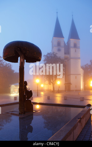 Place du marché avec Deocar fontaine et l'Église Saint-vitus et Deocar, dans le brouillard, Herrieden, Vallée Altmuehltal Banque D'Images