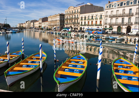 La France, l'Hérault, Sète, canal Royal (Royal Canal), de petits bateaux en bois colorés pour la formation des rameurs Banque D'Images