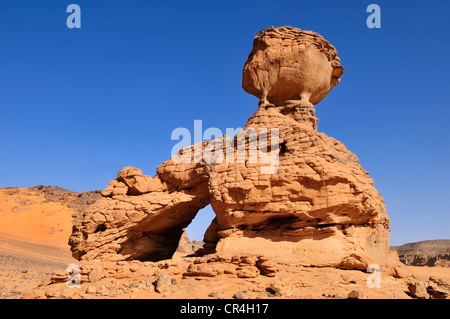 Arch et rock formation à la forme d'un hérisson, Tadrart, le Tassili n'Ajjer National Park, site classé au patrimoine mondial, l'Algérie Banque D'Images