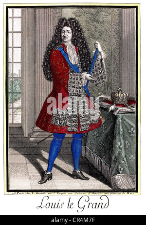 Louis XIV, 5.9.1638 - 1.9.1715, Roi de France 1643 - 1715, pleine longueur, couleur gravure sur cuivre par Mariette, 17e siècle, l'artiste n'a pas d'auteur pour être effacé Banque D'Images