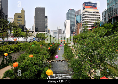 Waterside et verdure de la Cheonggyecheon Stream Seoul Corée du Sud Banque D'Images
