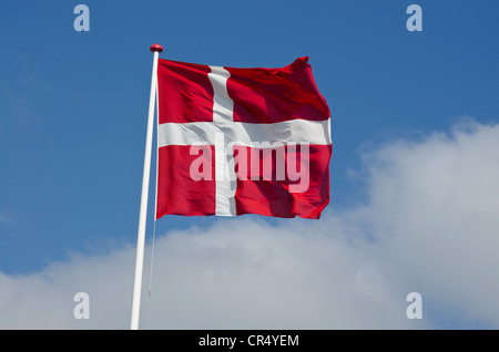 Drapeau national danois contre un ciel bleu avec des nuages, Glamsbjerg, région nord du Jutland, Danemark, Europe Banque D'Images