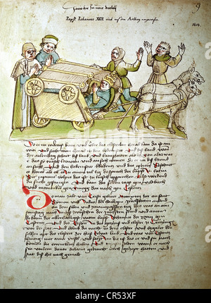 Jean XXIII (Baldassare Cossa), vers 1370 - 22.12.1419, antipape 17.5.1410 - 29.5.1415, accident à l'Arlberg sur la route du Concile de Constance, chronique de Richenthal, deuxième moitié du XVe siècle, Musée Rosengarten, Constance, Banque D'Images