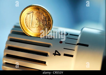 Thermostat de chauffage avec une pièce en euro, image symbolique d'une augmentation des frais de chauffage Banque D'Images