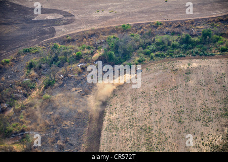 Vue aérienne d'un avion Cessna, tracteur travaillant illégalement déboisées avec des restes de la végétation originale de la Banque D'Images