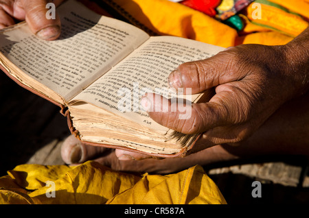 La récitation du Sadhu livres saints le matin, à Sangam, la confluence des rivières saint Ganges, Yamuna et Saraswati Banque D'Images