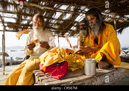 La récitation du Sadhus livres saints le matin, à Sangam, la confluence des rivières saint Ganges, Yamuna et Saraswati Banque D'Images