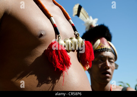 Détail de l'habille de la tribu Konyak Calao au Festival, Kohima, Nagaland, l'Inde, l'Asie Banque D'Images