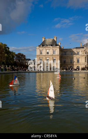 France, Paris, le bassin du jardin du Luxembourg avec le Sénat dans l'arrière-plan Banque D'Images