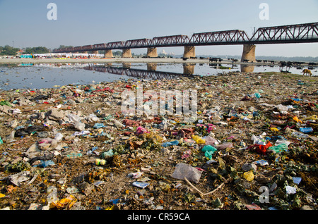 Dépotoir sur les bords de la rivière Yamuna, Agra, Uttar Pradesh, Inde, Asie Banque D'Images