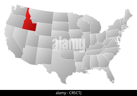 Carte politique des Etats-Unis avec les divers états de l'Idaho où est mis en évidence. Banque D'Images