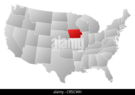 Carte politique des Etats-Unis avec les divers états de l'Iowa où est mis en évidence. Banque D'Images