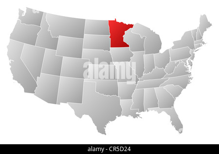 Carte politique des Etats-Unis avec les divers états du Minnesota où est mis en évidence. Banque D'Images