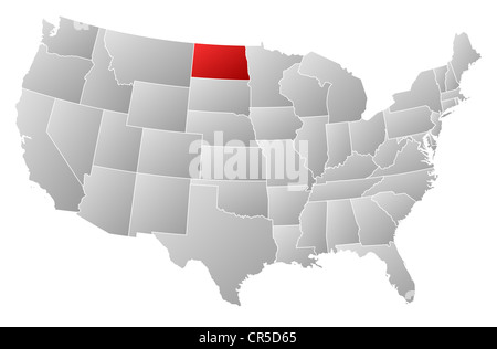 Carte politique des Etats-Unis avec les divers États où le Dakota du Nord est mis en évidence. Banque D'Images