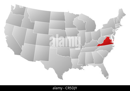 Carte politique des Etats-Unis avec les divers états où Virginia est en surbrillance. Banque D'Images