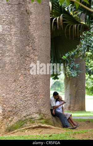 Couple est assis sur un contrefort, jardins botaniques de Peradeniya racine, Kandy, Sri Lanka, Central Banque D'Images