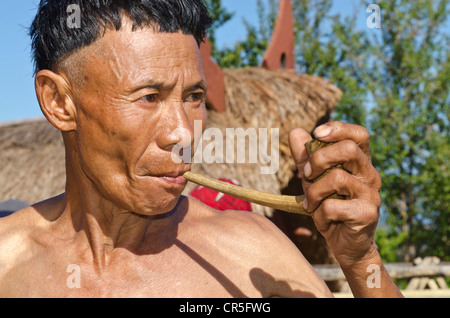 L'homme de la tribu Samdom avec un tuyau, lors de l'Assemblée statue, Nagaland Kohima, Festival, Inde, Asie Banque D'Images