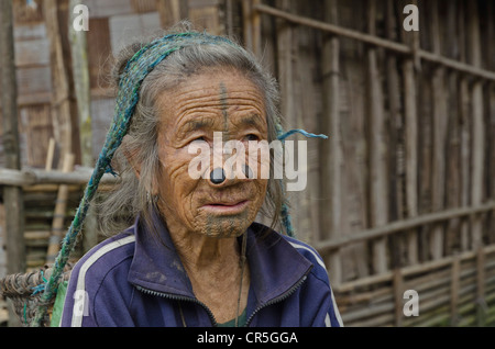 Femme Apatani avec le traditionnel bambou-disques dans ses narines, cette coutume était destinée à empêcher les jeunes femmes de Apatani Banque D'Images