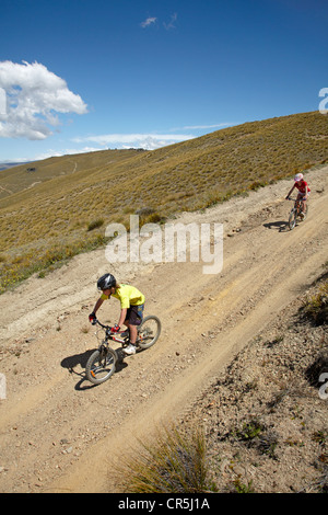 Les jeunes vététistes, Carrick Track, Carrick, Central Otago, île du Sud, Nouvelle-Zélande Banque D'Images