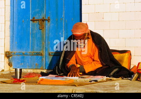 Vieil homme à étudier les saintes écritures de l'Hindouisme, Junagadh, Gujarat, Inde, Asie Banque D'Images