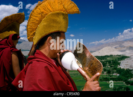 Monks appelant à la matinée, Pooja, Thiksey Jammu-et-Cachemire, l'Inde, l'Asie Banque D'Images