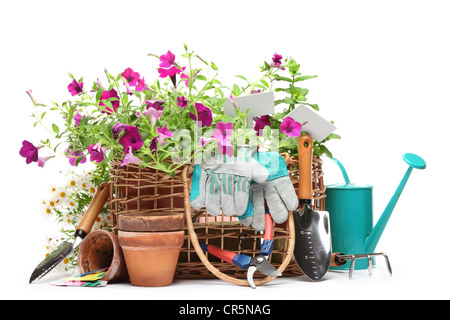 Outils de jardinage et de fleurs isolé sur blanc. Banque D'Images